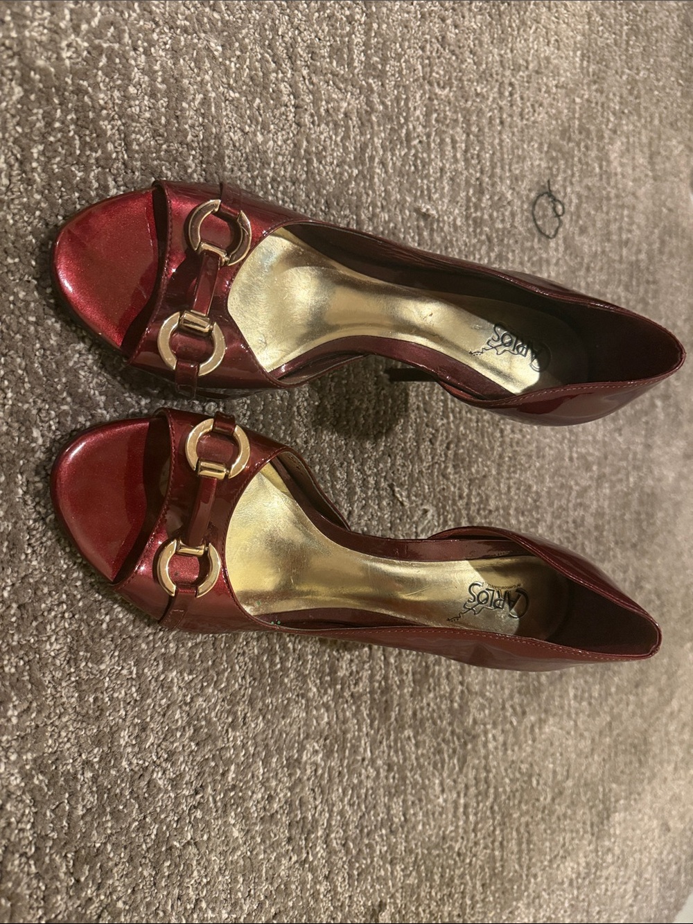 Carlos Santana Metallic Red Peep-Toe Heels with Gold Hardware